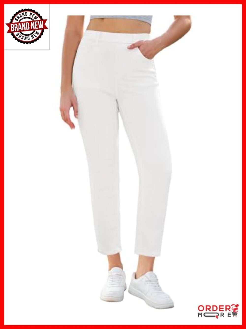Slim Straight Leg Cropped High Waisted Pull On Stretch Denim Jeans